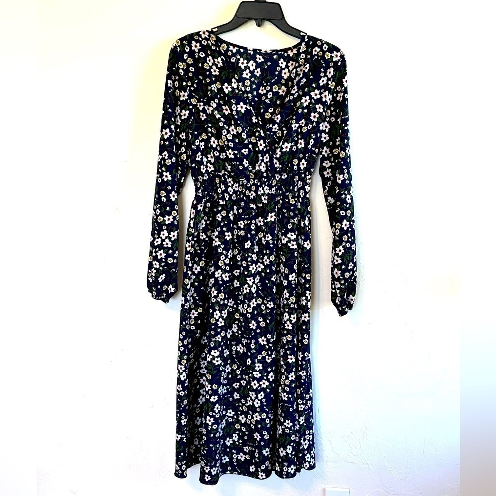Navy/Multi Floral V-Neck Long Sleeve Modest Boho Cottagecore Midi Dress Sz M